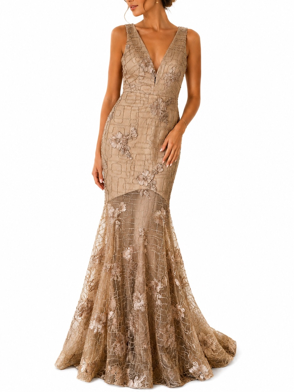L'ATISTE Taupe Floral Lace Mermaid Maxi Dress